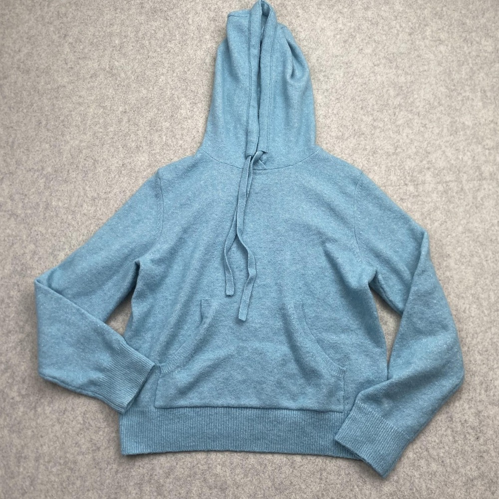 Tommy Hilfiger Sweater Womens Medium Blue Metallic Knit Hooded Pullover *Stain*